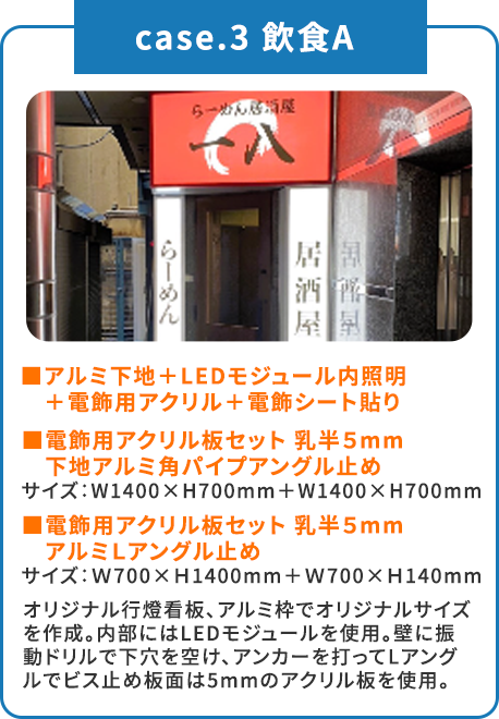 case.3 飲食A ■アルミ下地＋LEDモジュール内照明＋電飾用アクリル＋電飾シート貼り ■電飾用アクリル板セット 乳半５mm 下地アルミ角パイプアングル止め サイズ：W1400×H700mm＋W1400×H700mm ■電飾用アクリル板セット 乳半５mm アルミＬアングル止め サイズ：Ｗ700×Ｈ1400mm＋Ｗ700×Ｈ140mm オリジナル行燈看板、アルミ枠でオリジナルサイズを作成。内部にはLEDモジュールを使用。壁に振動ドリルで下穴を空け、アンカーを打ってLアングルでビス止め板面は5mmのアクリル板を使用。