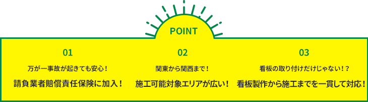 請負業者賠償責任保険に加入！施工可能対象エリアが広い！看板製作から施工までを一貫して対応！